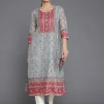 Grey Printed Chanderi Silk Straight Kurta
