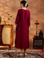 Maroon Embroidered Silk Straight Kurta - Image 4