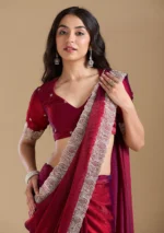 Wine Zariwork (Silver) Chiffon Saree - Image 3
