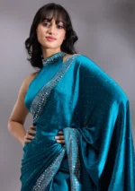 Peacock Blue Silver Stonework Satin Saree - Image 3